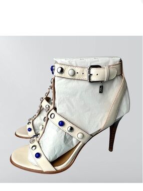 Coach Chalk Leather ‘Isabel’ Studded Open-Toe Ankle Sandals with Blue Accents
